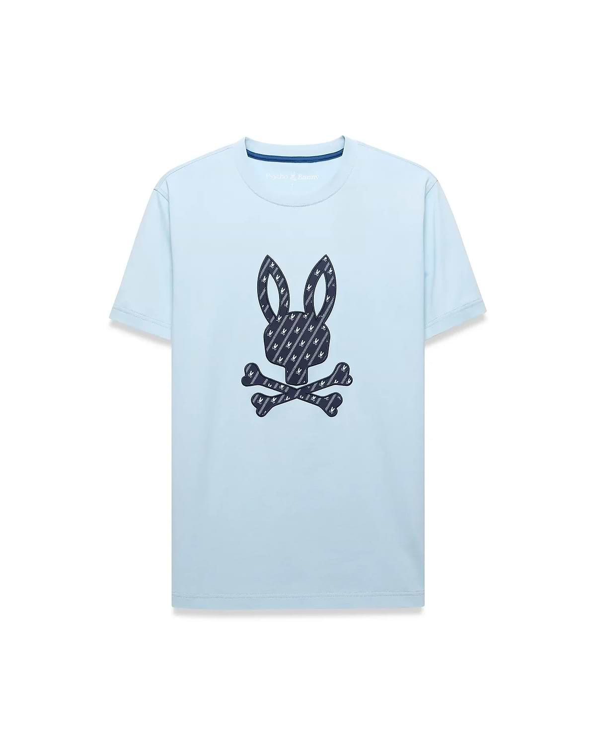 Mens Jaden Graphic Tee, a light blue classic fit jersey t-shirt featuring a large central dark blue Psycho Bunny skull logo graphic filled with a repeating mini-logo pattern, with subtle inner collar branding.