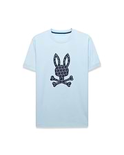 Mens Jaden Graphic Tee, a light blue classic fit jersey t-shirt featuring a large central dark blue Psycho Bunny skull logo graphic filled with a repeating mini-logo pattern, with subtle inner collar branding.