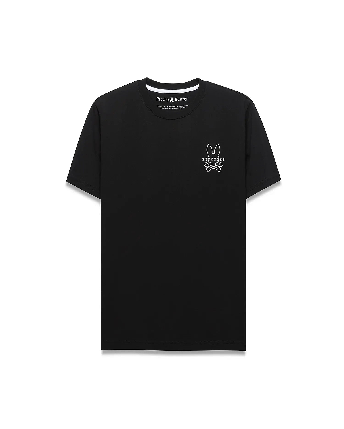 Premium Black Mens Piers Back Graphic Tee, a refined streetwear classic fit soft jersey t-shirt featuring a small white embroidered Psycho Bunny skull logo on the left chest.