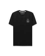 Premium Black Mens Piers Back Graphic Tee, a refined streetwear classic fit soft jersey t-shirt featuring a small white embroidered Psycho Bunny skull logo on the left chest.
