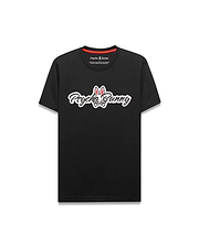 Black Mens Jaydon Wordmark Graphic Tee in classic fit jersey, featuring a large central white script Psycho Bunny wordmark with red outline and bunny skull logo, plus red neck tape. (1)