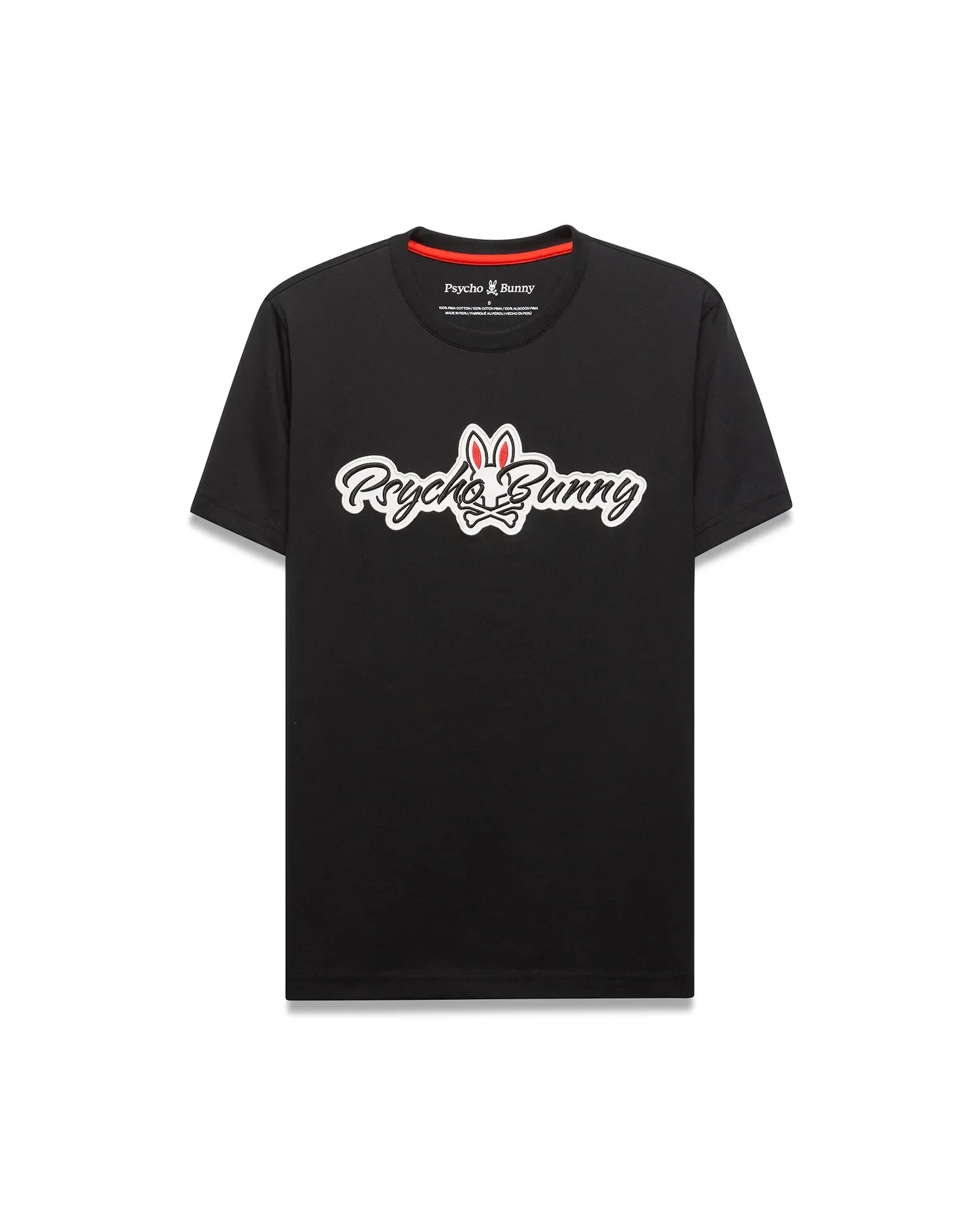 Black Mens Jaydon Wordmark Graphic Tee in classic fit jersey, featuring a large central white script Psycho Bunny wordmark with red outline and bunny skull logo, plus red neck tape. (1)