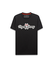 Black Mens Jaydon Wordmark Graphic Tee in classic fit jersey, featuring a large central white script Psycho Bunny wordmark with red outline and bunny skull logo, plus red neck tape. (1)