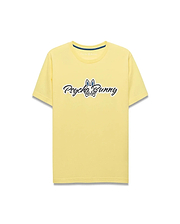 Mens Jaydon Wordmark Graphic Tee, a light yellow classic fit jersey t-shirt featuring blue neck tape and a large center chest Psycho Bunny wordmark graphic with white fill, blue ears, and black outline. (1)