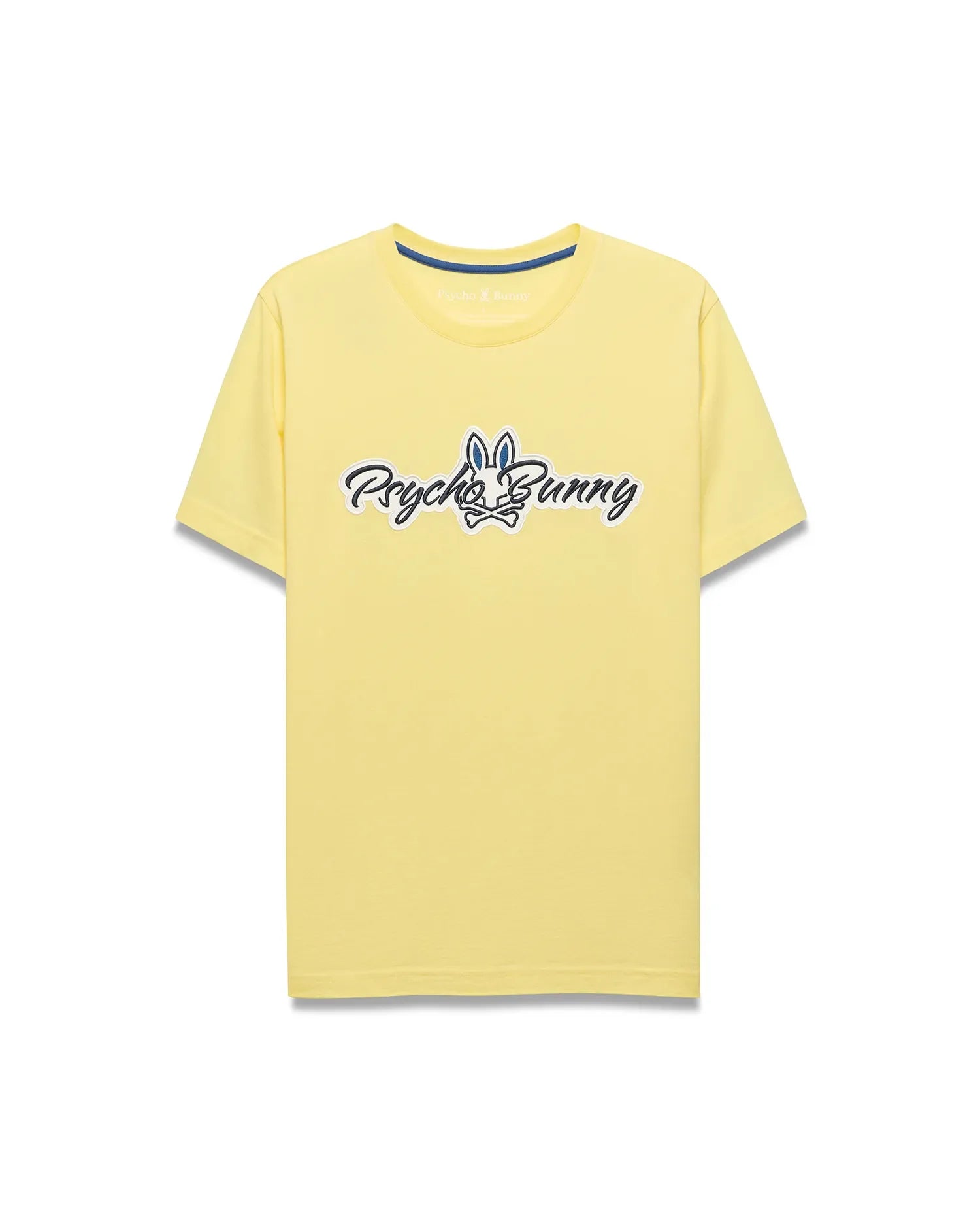 Mens Jaydon Wordmark Graphic Tee, a light yellow classic fit jersey t-shirt featuring blue neck tape and a large center chest Psycho Bunny wordmark graphic with white fill, blue ears, and black outline. (1)