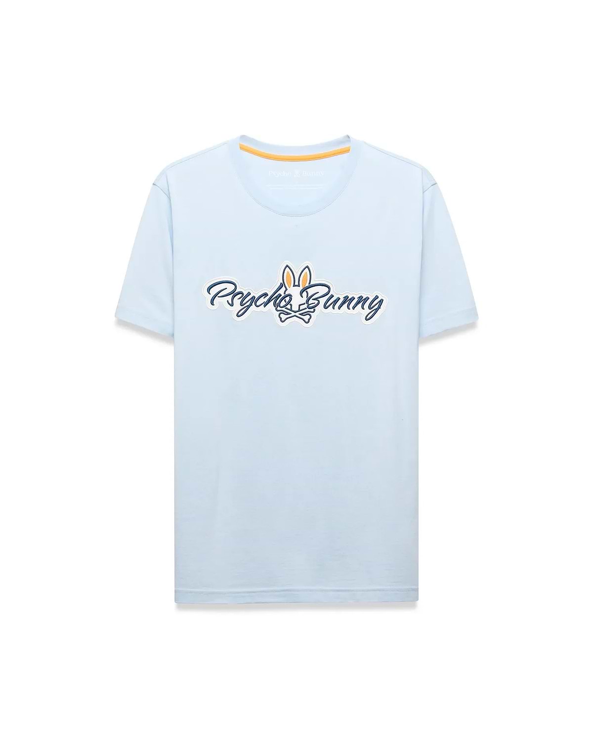 Mens Jaydon Wordmark Graphic Tee, a light blue classic fit jersey t-shirt featuring a large central Psycho Bunny wordmark logo in white with navy outline and orange bunny skull, plus orange neck tape. (6)