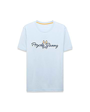 Mens Jaydon Wordmark Graphic Tee, a light blue classic fit jersey t-shirt featuring a large central Psycho Bunny wordmark logo in white with navy outline and orange bunny skull, plus orange neck tape. (6)