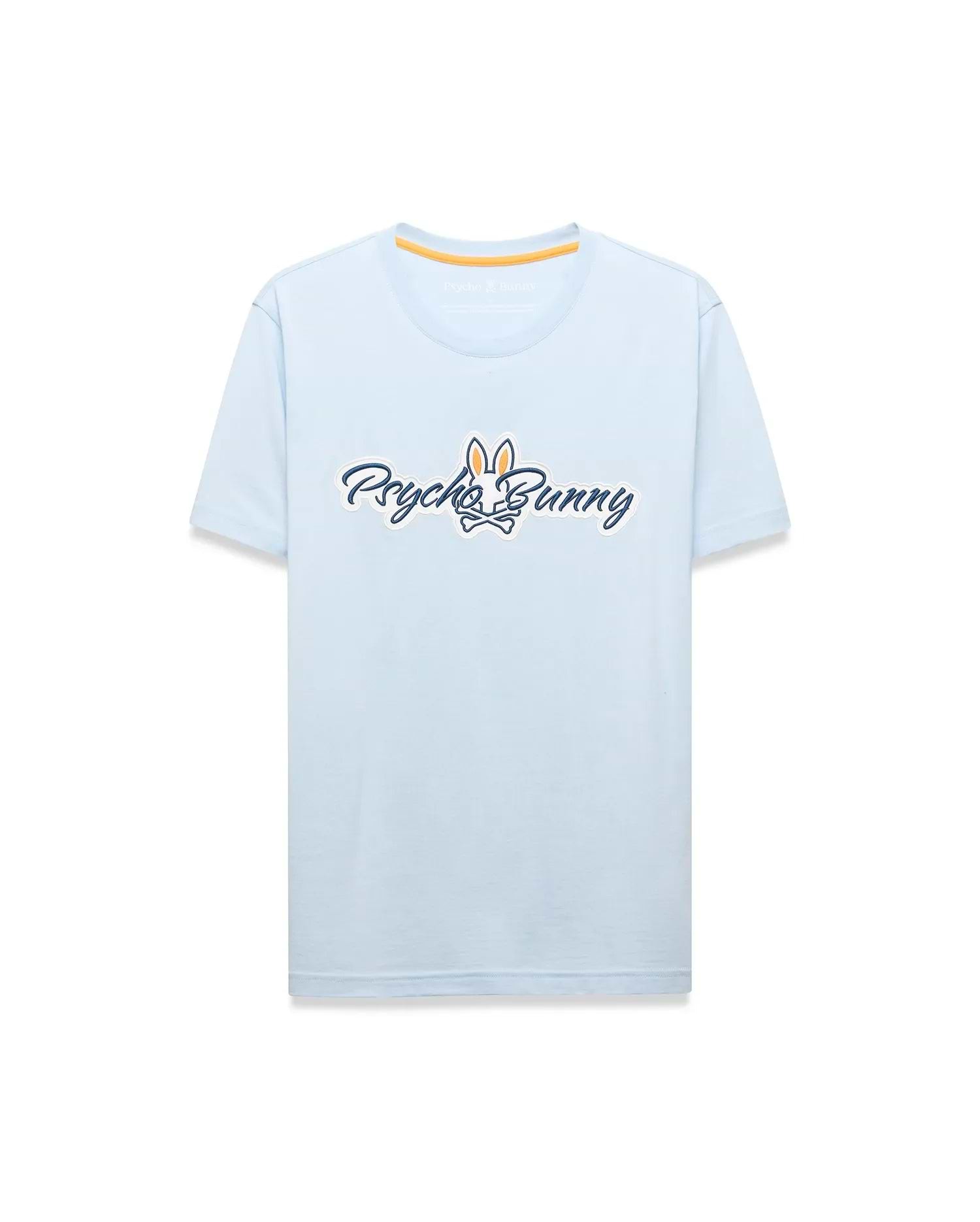 Mens Jaydon Wordmark Graphic Tee, a light blue classic fit jersey t-shirt featuring a large central Psycho Bunny wordmark logo in white with navy outline and orange bunny skull, plus orange neck tape. (6)