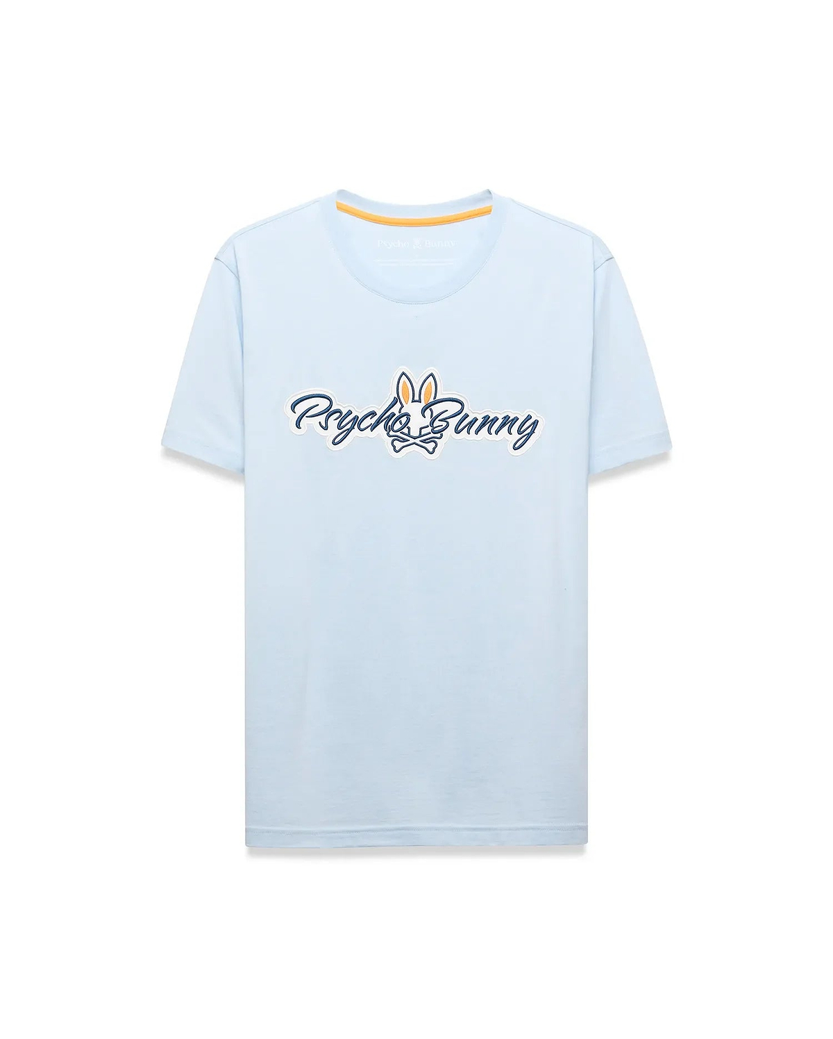 Mens Jaydon Wordmark Graphic Tee, a light blue classic fit jersey t-shirt featuring a large central Psycho Bunny wordmark logo in white with navy outline and orange bunny skull, plus orange neck tape. (6)