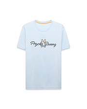 Mens Jaydon Wordmark Graphic Tee, a light blue classic fit jersey t-shirt featuring a large central Psycho Bunny wordmark logo in white with navy outline and orange bunny skull, plus orange neck tape. (6)