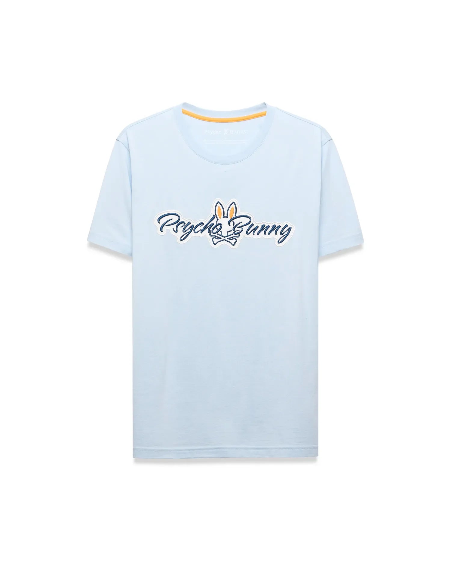 Mens Jaydon Wordmark Graphic Tee, a light blue classic fit jersey t-shirt featuring a large central Psycho Bunny wordmark logo in white with navy outline and orange bunny skull, plus orange neck tape. (6)