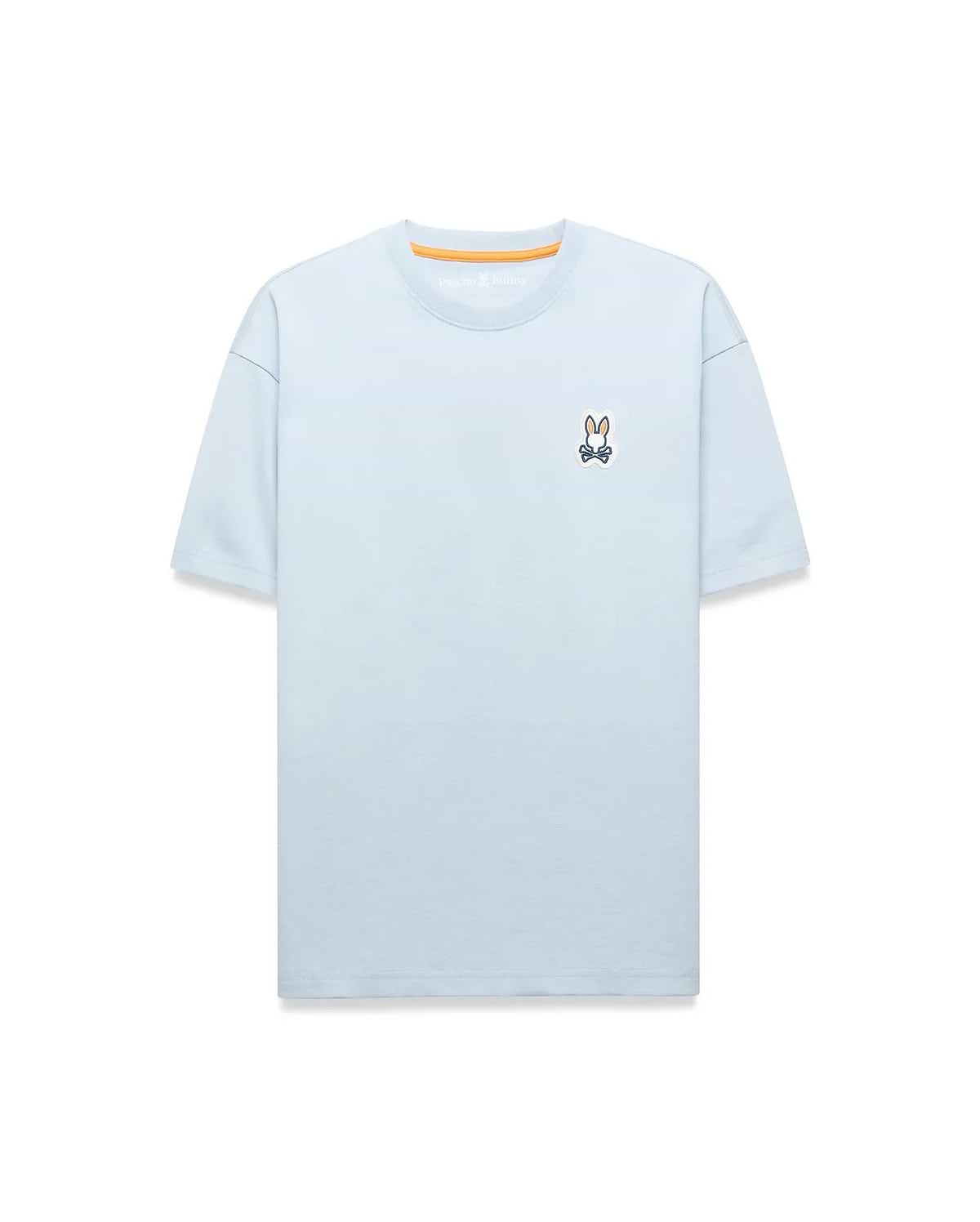 Light blue Mens Jaydon Relaxed Fit Tee in soft jersey, featuring a small embroidered Psycho Bunny skull logo on the left chest and orange neck tape.