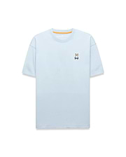 Light blue Mens Jaydon Relaxed Fit Tee in soft jersey, featuring a small embroidered Psycho Bunny skull logo on the left chest and orange neck tape.