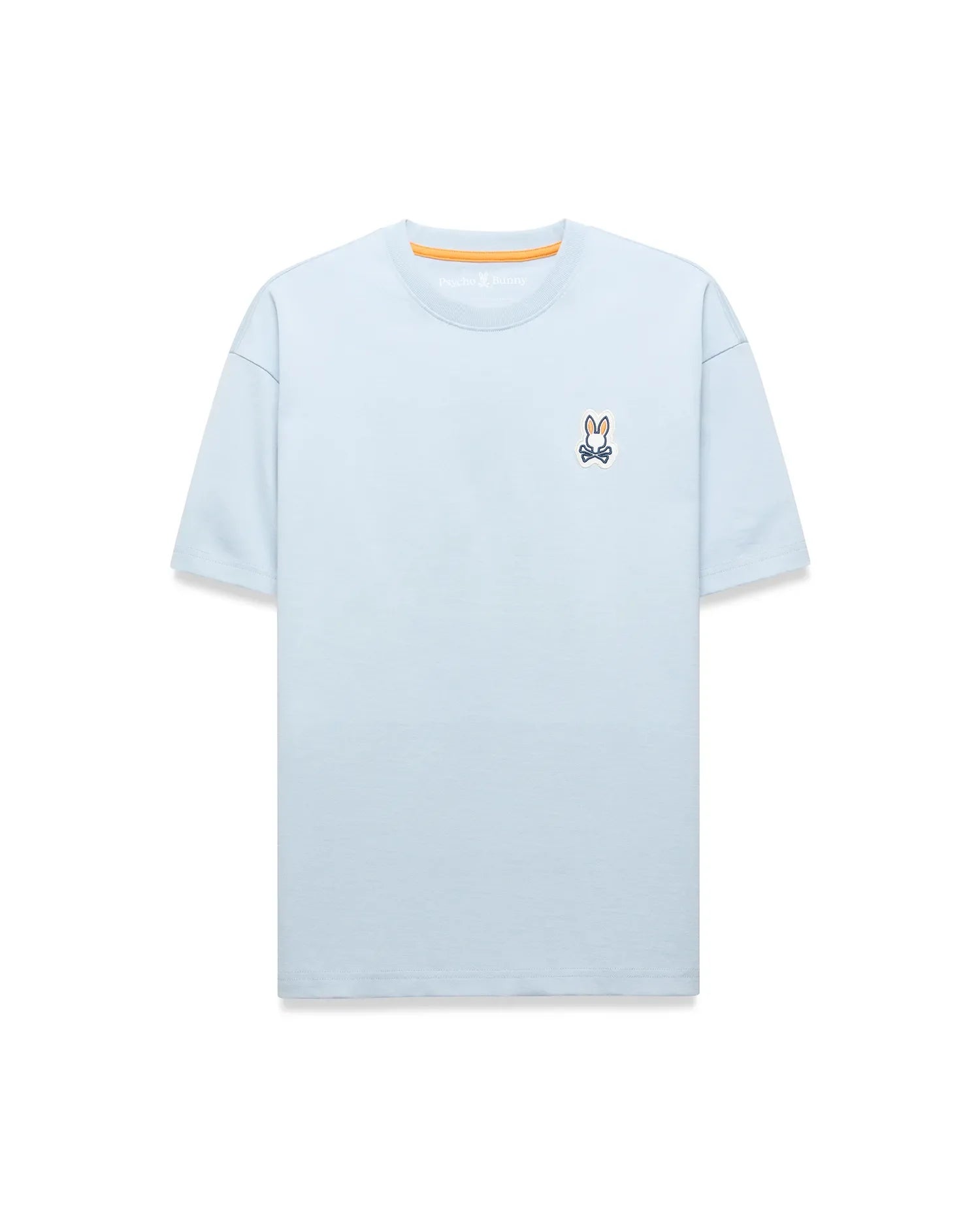 Light blue Mens Jaydon Relaxed Fit Tee in soft jersey, featuring a small embroidered Psycho Bunny skull logo on the left chest and orange neck tape.