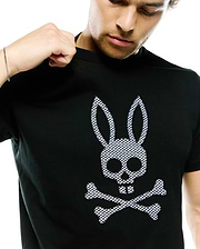Mens Stan Graphic Tee, black jersey knit t-shirt with a large central checkerboard Psycho Bunny skull and crossbones logo on the chest, featuring a classic fit.