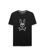 Black Mens Stan Graphic Tee, classic fit, smooth jersey knit, showcasing a large central white perforated Psycho Bunny skull logo graphic.