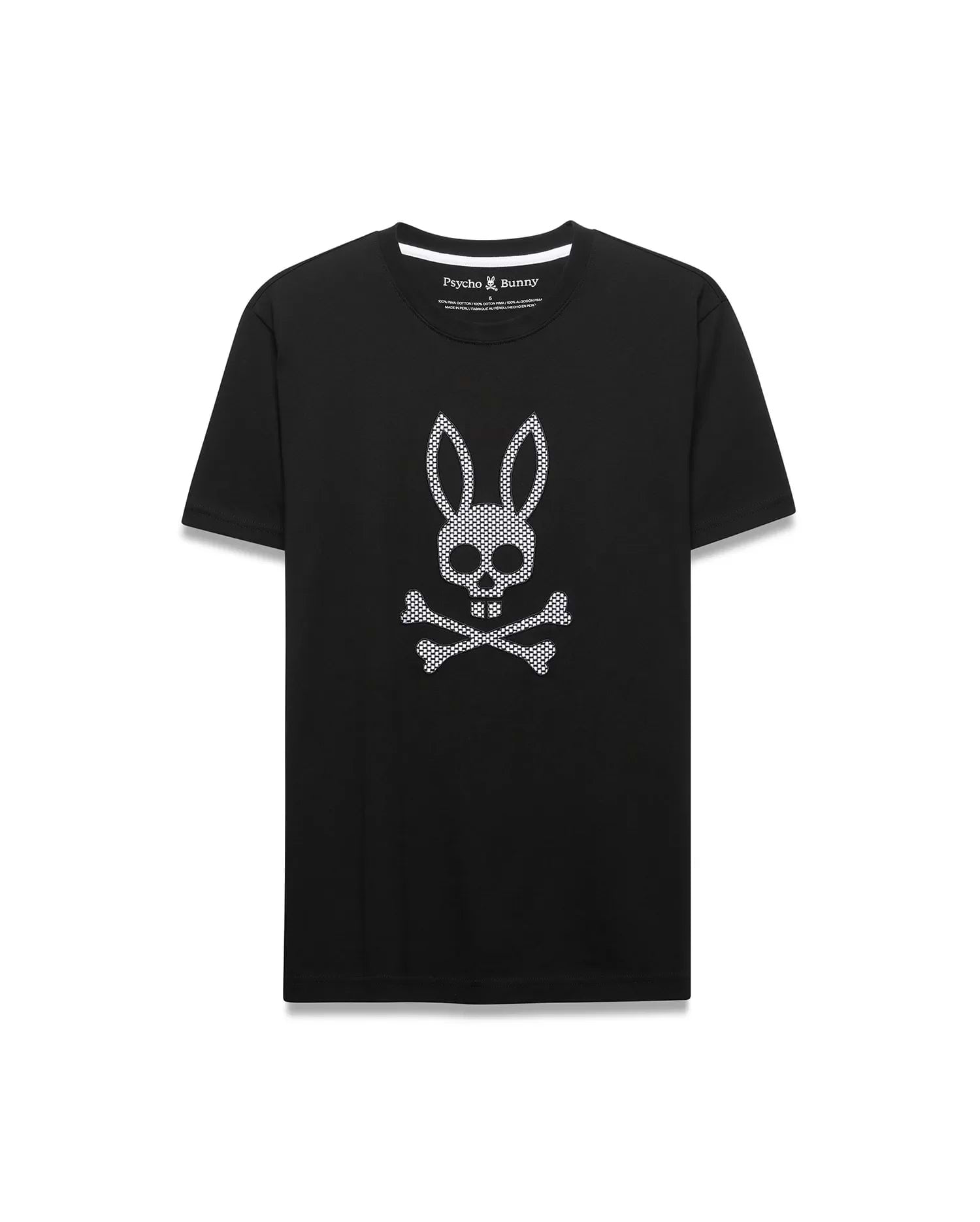 Black Mens Stan Graphic Tee, classic fit, smooth jersey knit, showcasing a large central white perforated Psycho Bunny skull logo graphic.
