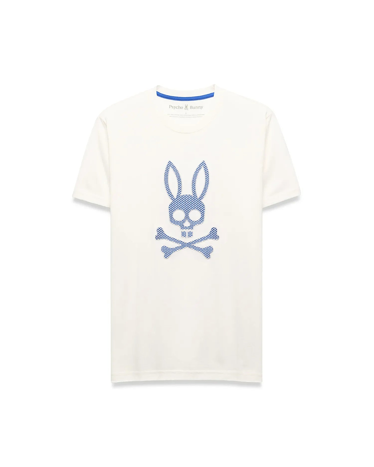 Mens Stan Graphic Tee, cream classic fit jersey knit t-shirt featuring a large central blue dotted Psycho Bunny skull logo and blue inner collar trim.
