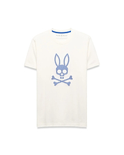 Mens Stan Graphic Tee, cream classic fit jersey knit t-shirt featuring a large central blue dotted Psycho Bunny skull logo and blue inner collar trim.