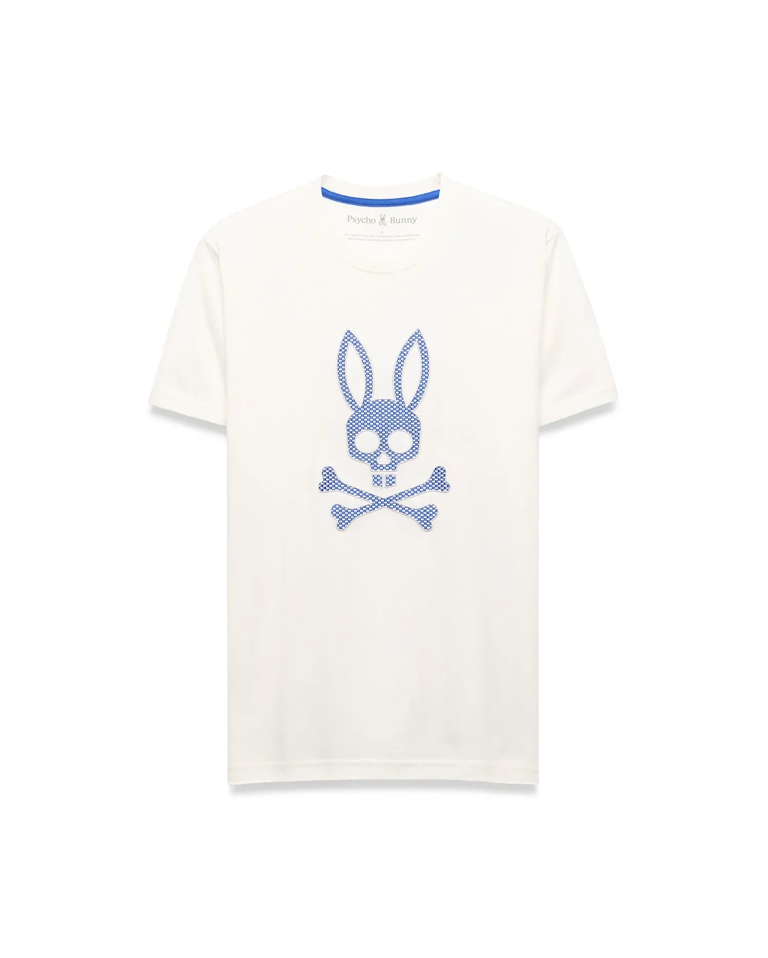 Mens Stan Graphic Tee, cream classic fit jersey knit t-shirt featuring a large central blue dotted Psycho Bunny skull logo and blue inner collar trim.