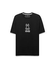 Mens Alex Relaxed Back Graphic Tee, a black jersey t-shirt with a large white outlined Psycho Bunny skull logo and stacked brand name graphic on the front, plus a white inner neck trim. (5)