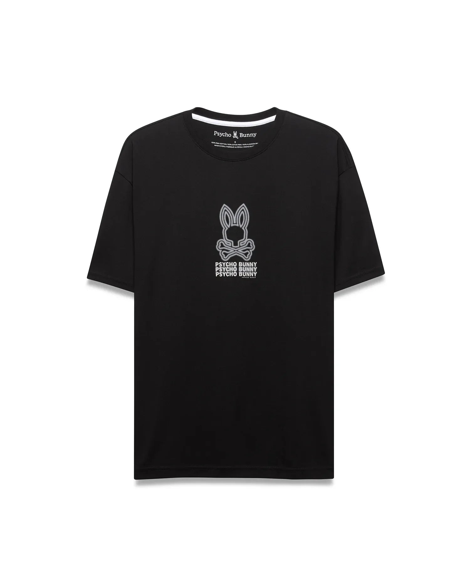 Mens Alex Relaxed Back Graphic Tee, a black jersey t-shirt with a large white outlined Psycho Bunny skull logo and stacked brand name graphic on the front, plus a white inner neck trim. (5)