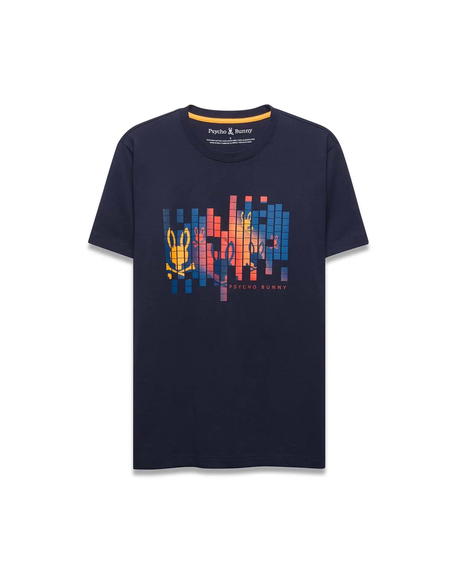 Mens Zander Graphic Tee, a navy classic fit jersey t-shirt featuring a large central pixelated graphic of multiple Psycho Bunny skull logos in vibrant orange, yellow, blue, and red, with Psycho Bunny text below. (1)