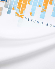 White Mens Zander Graphic Tee with a vibrant pixelated orange, light blue, and beige graphic print, featuring the signature dark blue PSYCHO BUNNY text logo prominently on the front chest, crafted from soft jersey. (7)