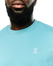 Men's Norman Longsleeve Oversized Tee in aqua blue, featuring a soft jersey knit fabric, ribbed crewneck, and a small white embroidered Psycho Bunny skull logo on the left chest. (2)