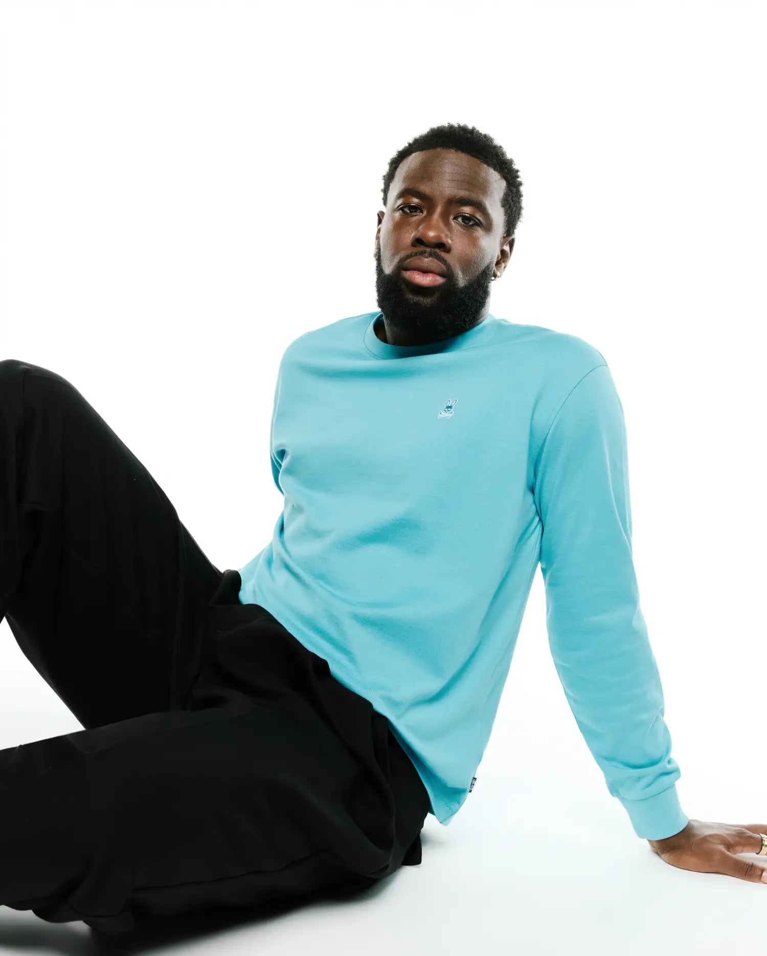 Men's Norman Longsleeve Oversized Tee in aqua blue, featuring a smooth jersey knit and a small embroidered Psycho Bunny skull logo on the left chest. (3)