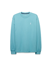 Men's Norman Longsleeve Oversized Tee in aqua blue, featuring a smooth jersey knit, an oversized fit, and a small white embroidered Psycho Bunny skull logo on the left chest with navy neck tape. (5)