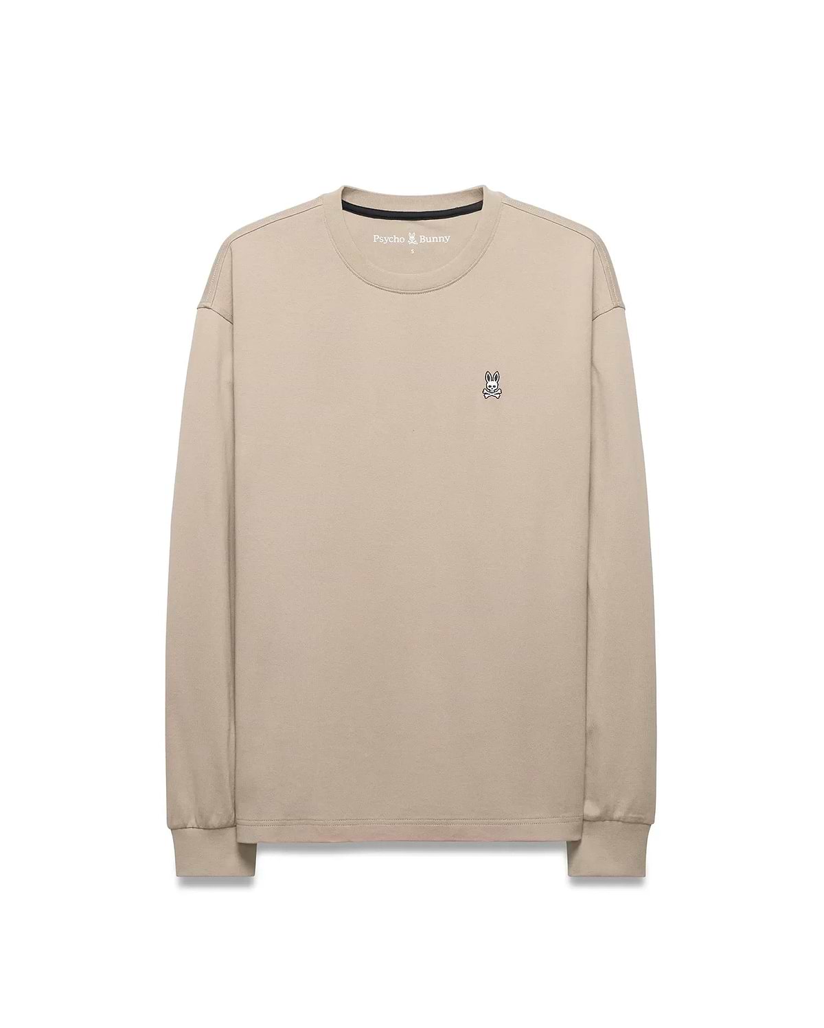 Mens Norman Long Sleeve Relaxed Fit Tee in beige, crafted from soft jersey knit, featuring a small, iconic embroidered Psycho Bunny skull logo on the left chest.