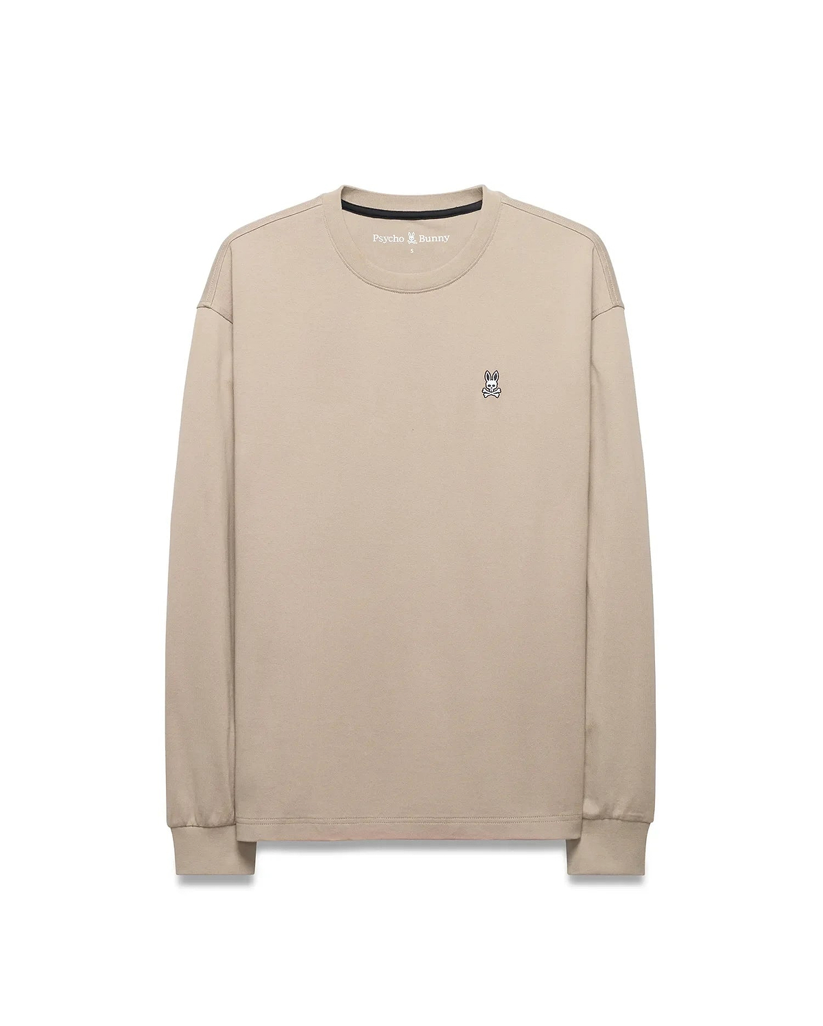 Mens Norman Long Sleeve Relaxed Fit Tee in beige, crafted from soft jersey knit, featuring a small, iconic embroidered Psycho Bunny skull logo on the left chest.