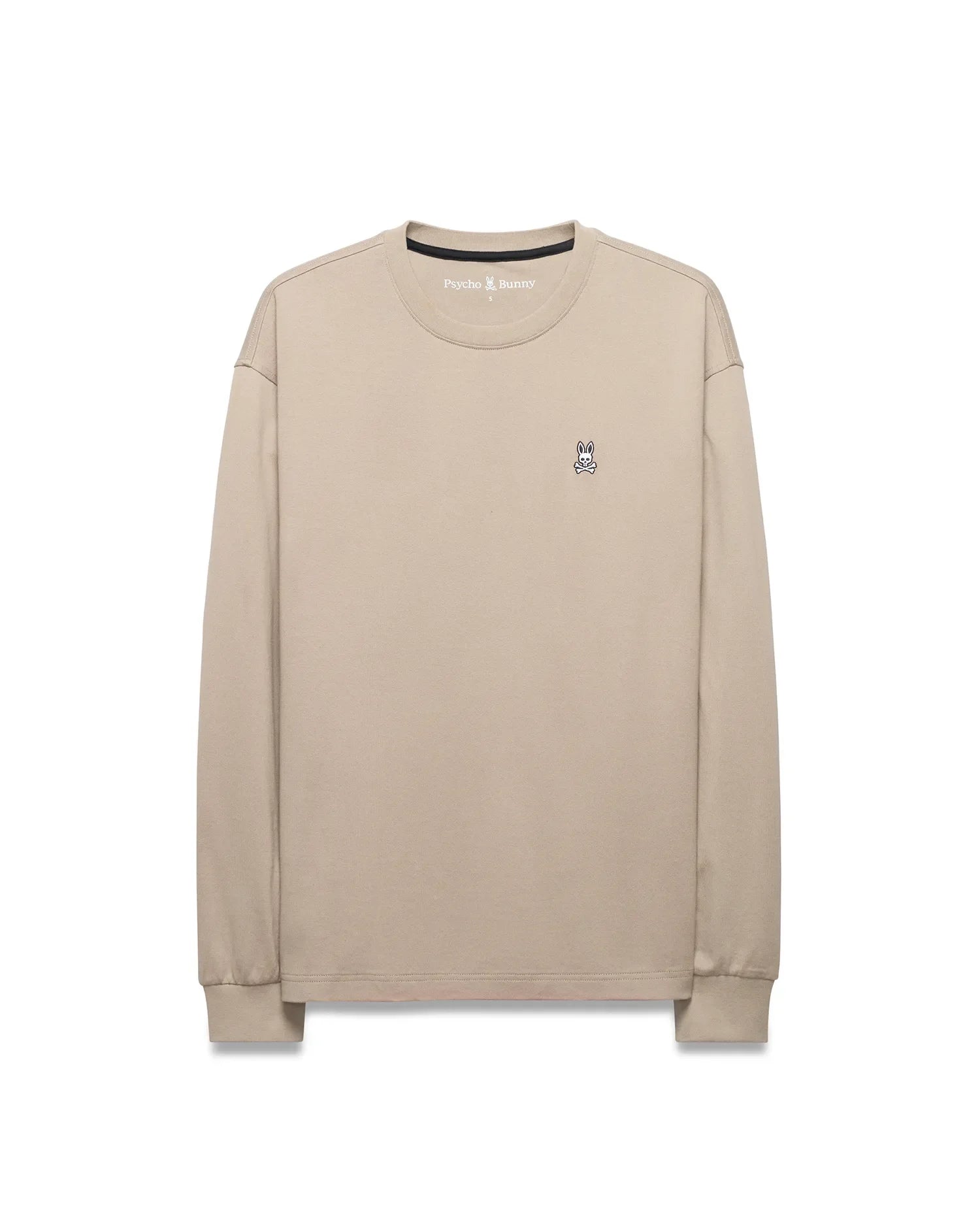 Mens Norman Long Sleeve Relaxed Fit Tee in beige, crafted from soft jersey knit, featuring a small, iconic embroidered Psycho Bunny skull logo on the left chest.