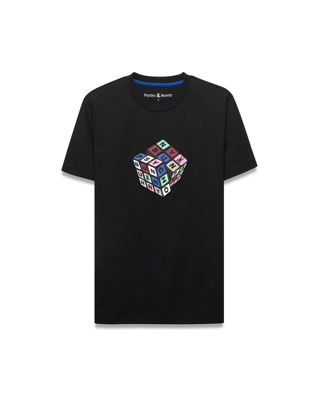 Mens Eddy Graphic Tee, black classic fit jersey t-shirt with a vibrant multicolor Rubik's Cube-style graphic spelling PSYCHO BUNNY and featuring the iconic bunny skull logo on the chest.