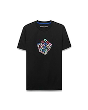 Mens Eddy Graphic Tee, black classic fit jersey t-shirt with a vibrant multicolor Rubik's Cube-style graphic spelling PSYCHO BUNNY and featuring the iconic bunny skull logo on the chest.