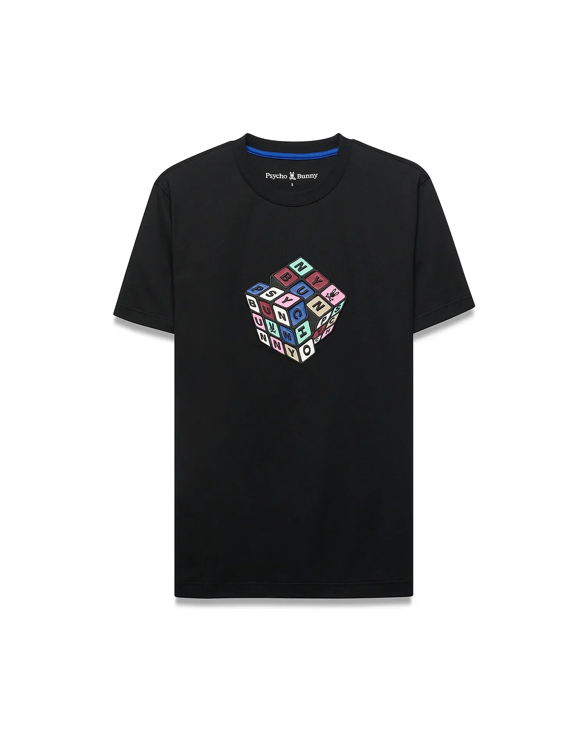 Mens Eddy Graphic Tee, black classic fit jersey t-shirt with a vibrant multicolor Rubik's Cube-style graphic spelling PSYCHO BUNNY and featuring the iconic bunny skull logo on the chest.