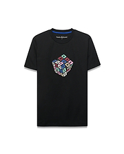 Mens Eddy Graphic Tee, black classic fit jersey t-shirt with a vibrant multicolor Rubik's Cube-style graphic spelling PSYCHO BUNNY and featuring the iconic bunny skull logo on the chest.