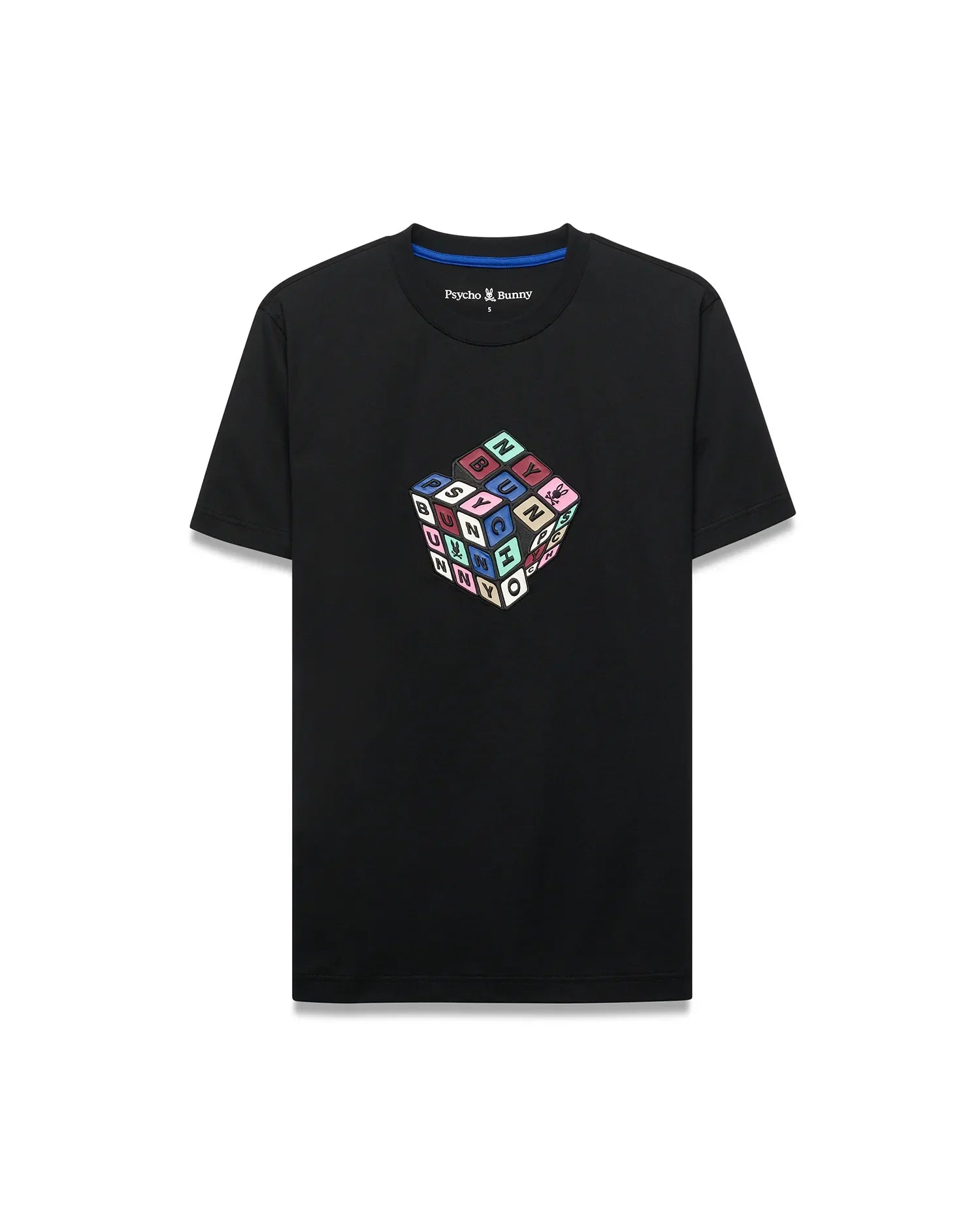 Mens Eddy Graphic Tee, black classic fit jersey t-shirt with a vibrant multicolor Rubik's Cube-style graphic spelling PSYCHO BUNNY and featuring the iconic bunny skull logo on the chest.