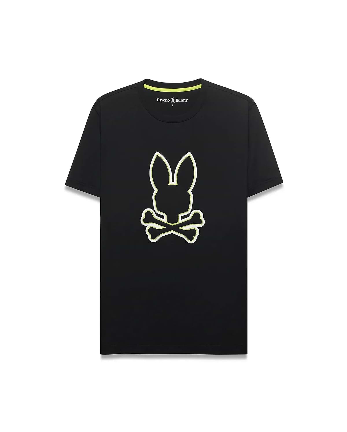 Mens Bruno Graphic Tee, a black classic fit jersey knit t-shirt with a large, central neon yellow and white outlined bunny skull logo and neon green inner neck tape.