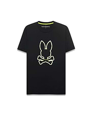 Mens Bruno Graphic Tee, a black classic fit jersey knit t-shirt with a large, central neon yellow and white outlined bunny skull logo and neon green inner neck tape.