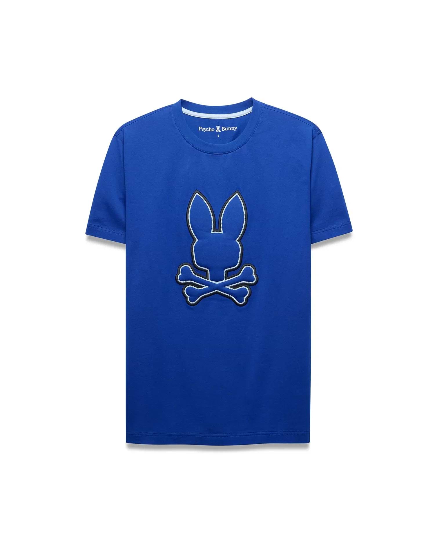 Mens Bruno Graphic Tee, royal blue classic fit jersey t-shirt with a large central embroidered Psycho Bunny skull logo featuring black and light blue outlines.