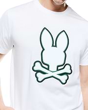 Mens Bruno Graphic Tee: White classic fit jersey t-shirt featuring a large, central embroidered Psycho Bunny skull logo with dark green outline and bright green inner stitching.