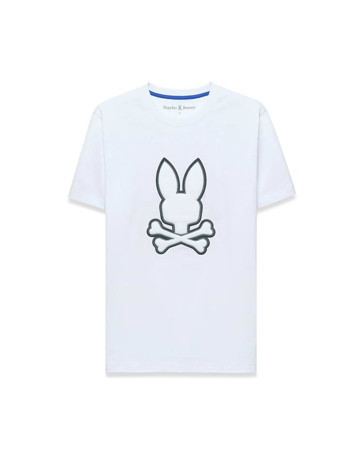 Mens Bruno Graphic Tee, white classic fit jersey t-shirt with a large central embroidered Psycho Bunny skull logo outlined in dark green and a blue inner neckline trim.