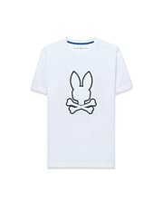 Mens Bruno Graphic Tee, white classic fit jersey t-shirt with a large central embroidered Psycho Bunny skull logo outlined in dark green and a blue inner neckline trim.