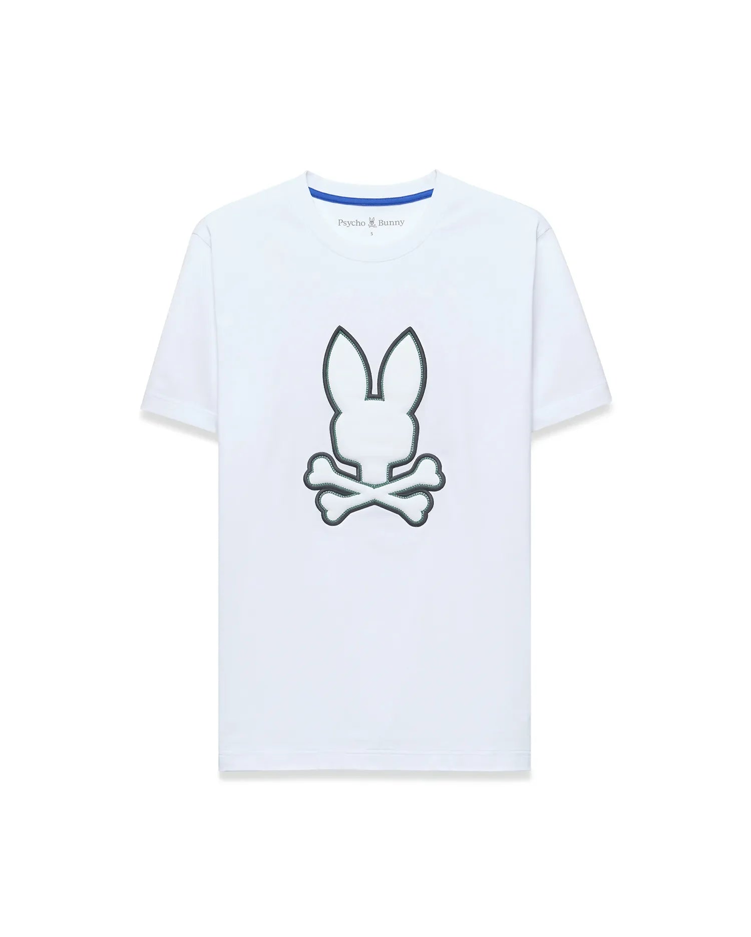 Mens Bruno Graphic Tee, white classic fit jersey t-shirt with a large central embroidered Psycho Bunny skull logo outlined in dark green and a blue inner neckline trim.