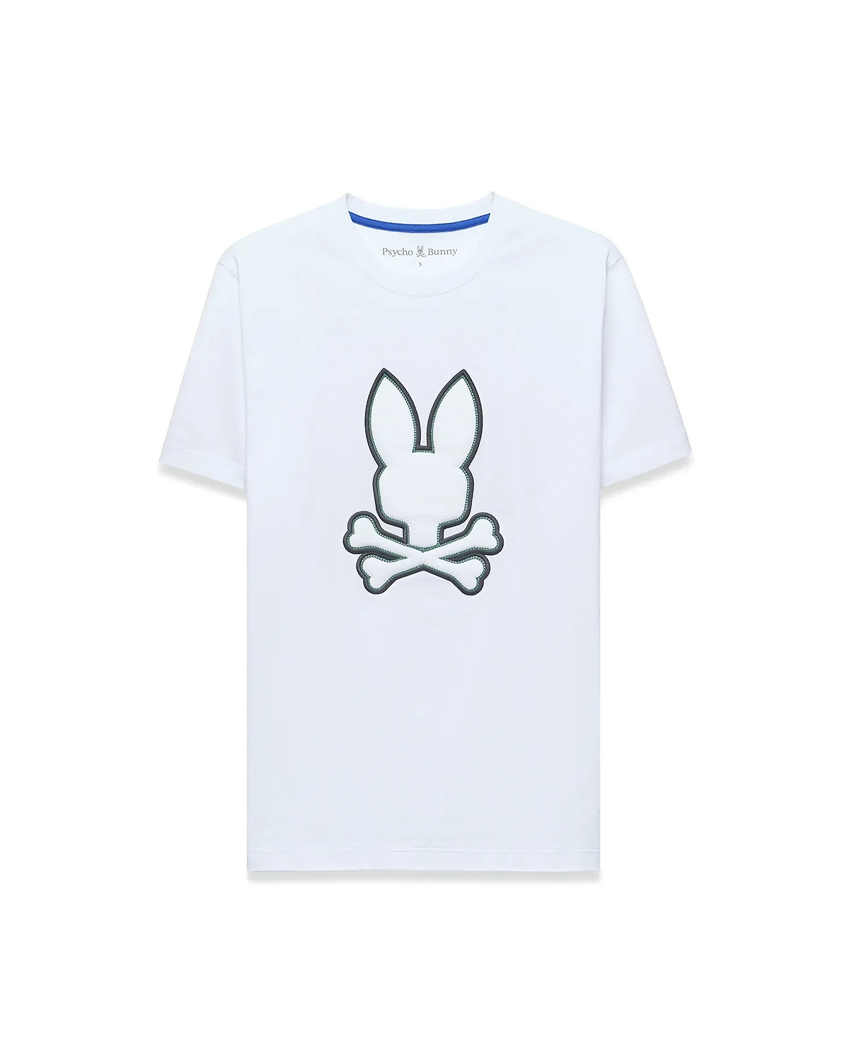 Mens Bruno Graphic Tee, white classic fit jersey t-shirt with a large central embroidered Psycho Bunny skull logo outlined in dark green and a blue inner neckline trim.
