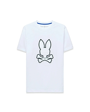 Mens Bruno Graphic Tee, white classic fit jersey t-shirt with a large central embroidered Psycho Bunny skull logo outlined in dark green and a blue inner neckline trim.