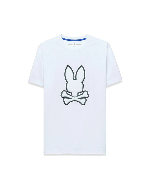 Mens Bruno Graphic Tee, white classic fit jersey t-shirt with a large central embroidered Psycho Bunny skull logo outlined in dark green and a blue inner neckline trim.