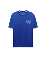 Mens Nathaniel Relaxed Fit Tee, a vibrant royal blue jersey t-shirt with a white center chest graphic featuring three Psycho Bunny skull logos, brand name, and New York Since 2005 text.